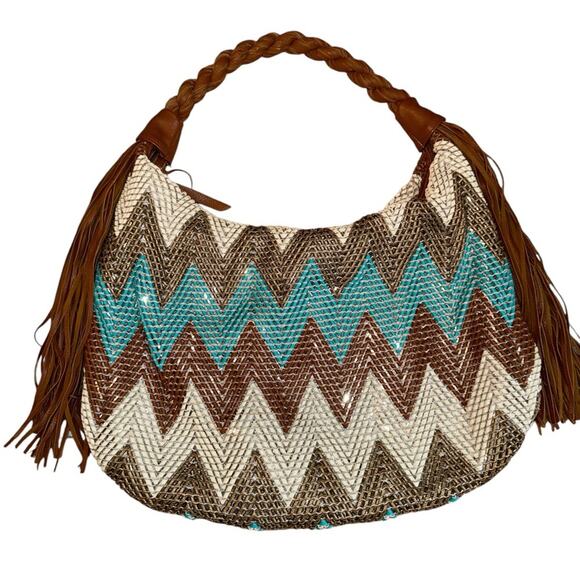 Big Buddha Handbags - Big Buddha boho chic teal & brown medium chevron hobo with fringe